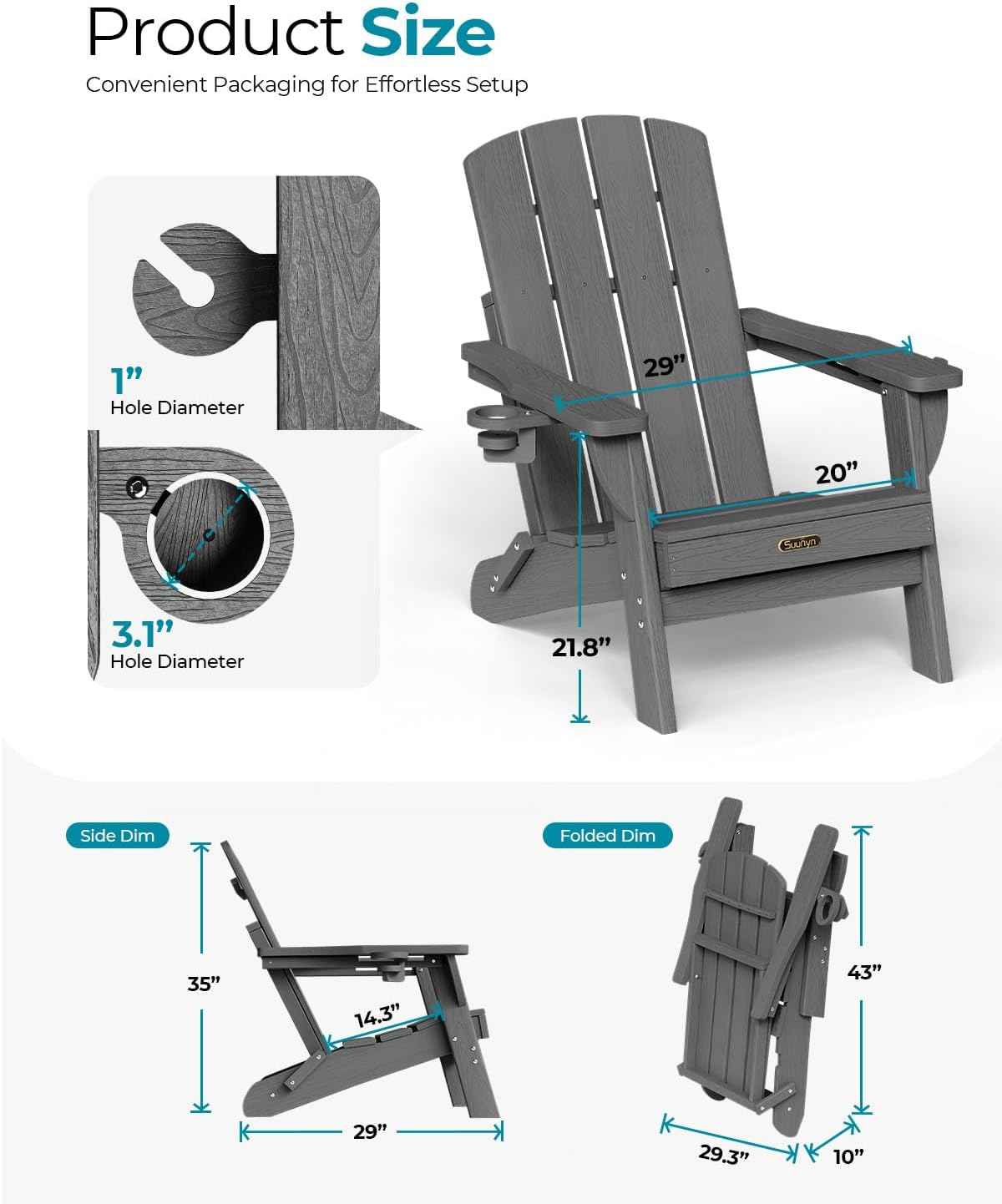 Folding Adirondack Chair, HDPE All-Weather Fire Pit Chairs, Plastic Adirondack Chairs with 2 Cup Holder, Outdoor Lawn Chair for Patio Garden (Grey)