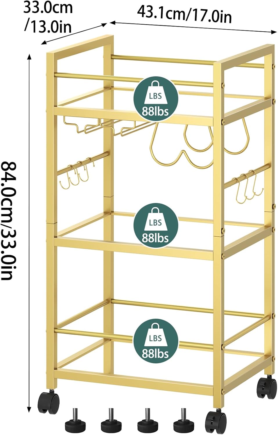 Bar Cart, Serving Cart for Home, Microwave Cart, Drink Cart, Mobile Kitchen Shelf with Wine Rack and Glass Holder, Rolling Beverage Cart for Dining Room, Gold