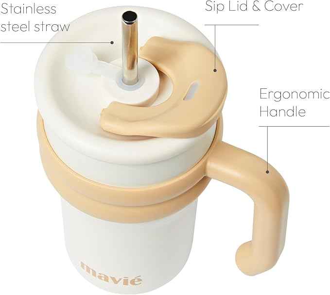 17oz Tumbler With Handle & Metal Straw + Silicone Cover & Sip Spout, Double Insulated Stainless Steel Water Bottle With Rubber Base, Leakproof, Cup Holder Friendly Travel Coffee Mug (Beige)