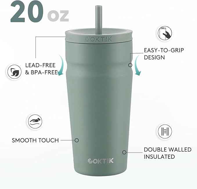 COKTIK 20oz Insulated Tumbler with Lid and Straw Iced Coffee Cup Reusable Stainless Steel Travel Mug Water Bottle Cupholder Friendly for Women Men Her Him (Bay Leaf)