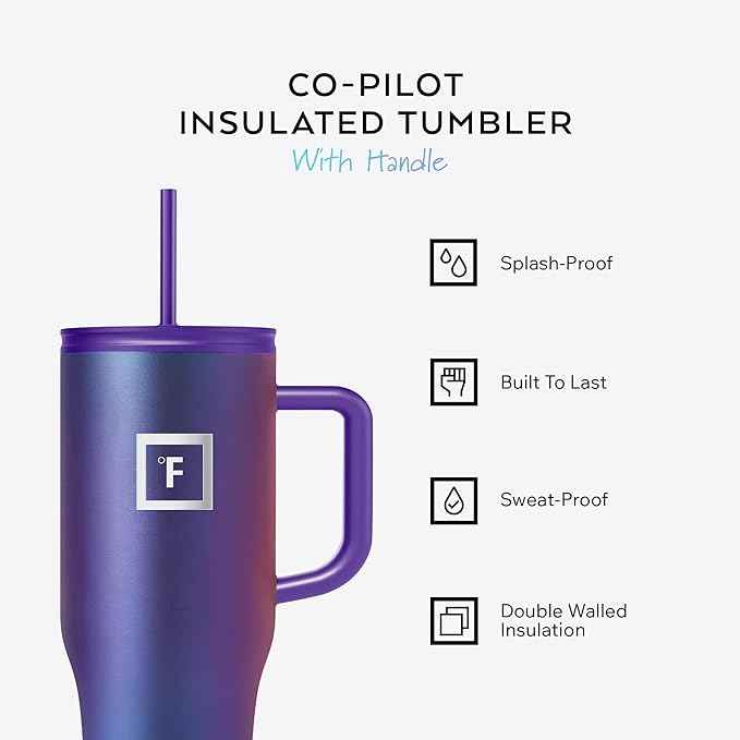 IRON °FLASK Co-Pilot Insulated Mug w/Straw & Flip Cap Lids - Cup Holder Bottle for Hot, Cold Drink - Leak-Proof - Water, Coffee Portable Travel Mug - Aurora, 32 Oz