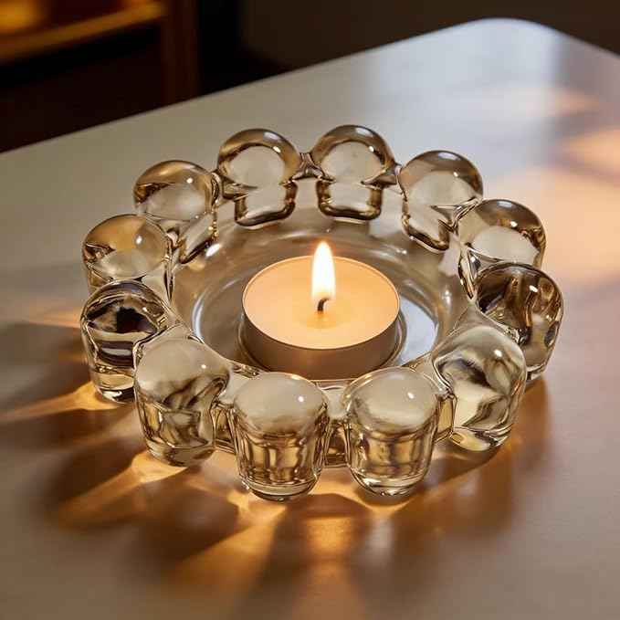 khtumeware Chic Smoky Bubble Glass Candle Dish – Modern Clear Glass Candle Holder for Tealights & Diffusers, Decorative Tray for Home & Tabletop Decor（1 Pack）
