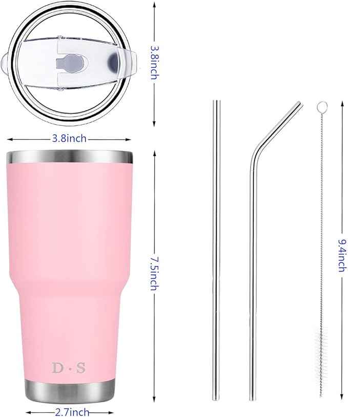 D·S 30 oz Pink Tumbler Stainless Steel Double Wall Vacuum Insulated Mug with Straw and Lid, Cleaning Brush for Cold and Hot Beverages (30oz Pink)