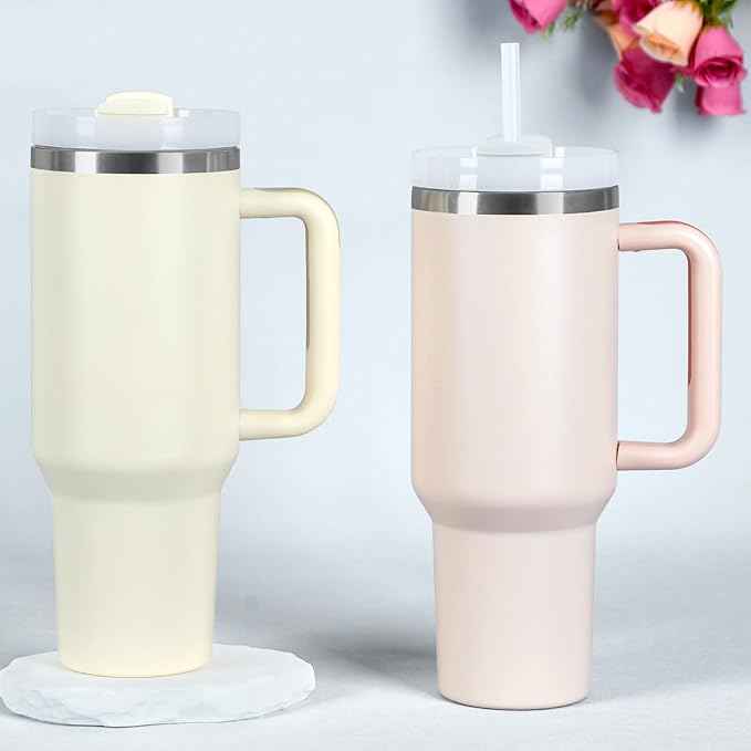 4 Pack 40 Oz Tumbler with Handle Bulk, Double Wall Vacuum Insulated Stainless Steel Tumbler with Lid and Straw, 40 oz cup with Silicone Spill Proof Stopper Set (Cream)