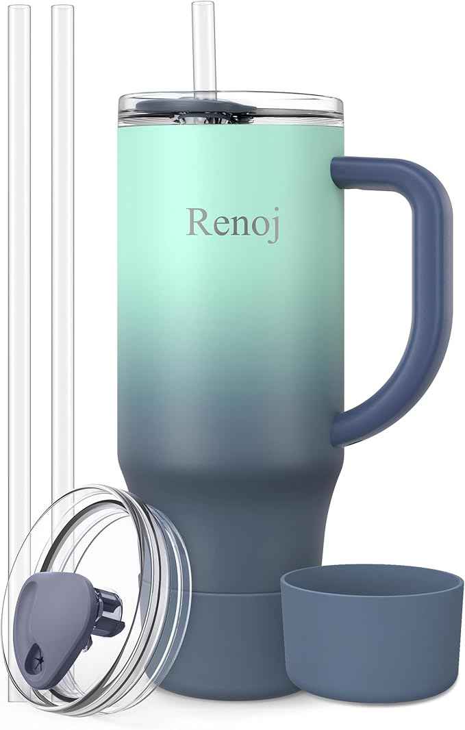 Renoj Insulated Mug 100% Spill Resistant Insulated Water Bottle for Iced Coffee & Hot Drinks - Fits Car Cup Holder, Ideal Gift, 2 Straws & Silicone Boot - FlexSlide Blue Gradient 40 oz