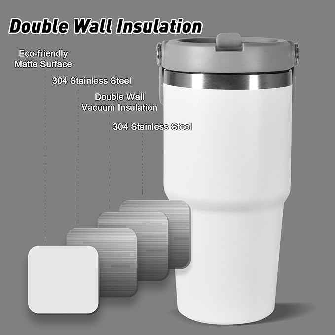 20 oz Tumbler with Handle, Insulated Tumbler with Lid and Flip Straw Leak Proof Double Wall Stainless Steel Vacuum Travel Coffee Mug Insulated Water Bottle Thermal Cup, Cupholder Friendly, White