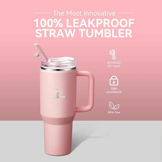 Gpeng 30/40/50 oz Tumbler with Handle, Water Bottles with Straw Lid, Insulated Stainless Steel Travel Mug Cup Holder Friendly, Keep Drinks Cold or Hot for Hours