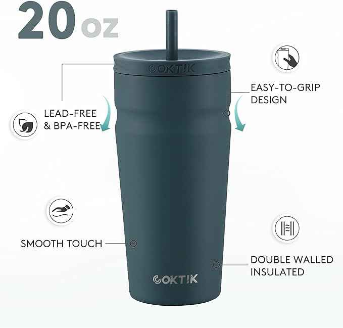 COKTIK 20oz Insulated Tumbler with Lid and Straw Iced Coffee Cup Reusable Stainless Steel Travel Mug Water Bottle Cupholder Friendly for Women Men Her Him (Twilight Fog)