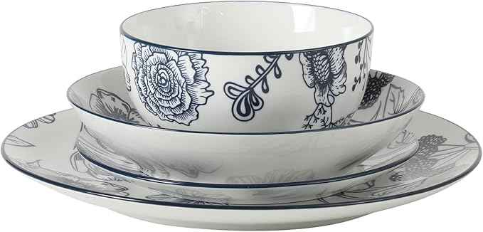 Gibson Home Westerly Court 16-Piece Dinnerware Set, Blue Floral Stoneware Plates & Bowls, Service for 4, Round Durable Everyday Dish Set