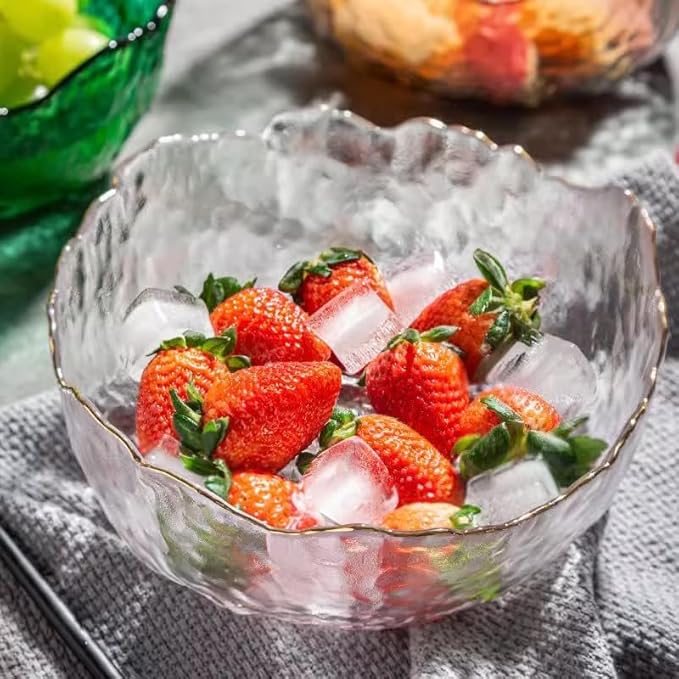 Glass Salad Bowl Irregular Lotus Flower Shape Serving Bowls, Mixing Nut Bowls for Kitchen Fruist, Snack, Dessert, and Ice Cream Candy Dishes (Crystal Clear with Gold Rim, 6.5")