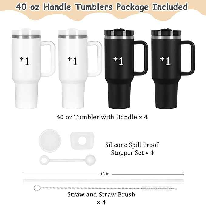 4 Pack 40 Oz Tumblers with Handle Bulk, Double Wall Vacuum Insulated Stainless Steel Tumblers with Lid and Straw, 40 oz Cups with Silicone Spill Proof Stopper Set (Black-2,White-2)