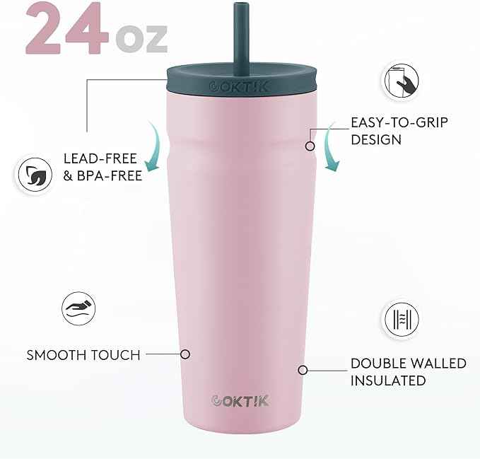COKTIK 24oz Insulated Tumbler with Lid and Straw Iced Coffee Cup Reusable Stainless Steel Travel Mug Water Bottle Cupholder Friendly for Women Men Her Him (Blush)