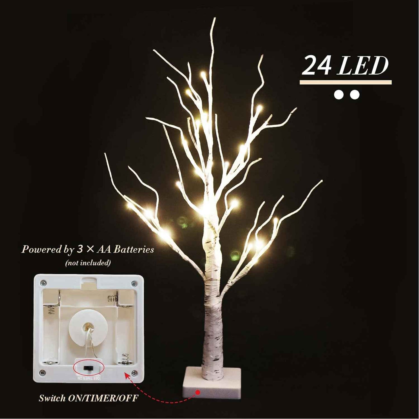 2FT Birch lamp 24 LED Tree Light Tabletop Tree Light Warm White Light Table Lamp Battery Operated Tabletop Tree with Timer and Linen for Birthday Gift Room Festival Decoration Home Party