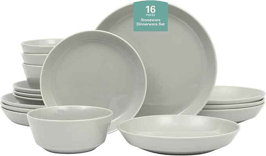 Gibson Home Summer Shades 16 Piece Plates and Bowls Dishes Service for 4 Porcelain Dinnerware Set - Grey