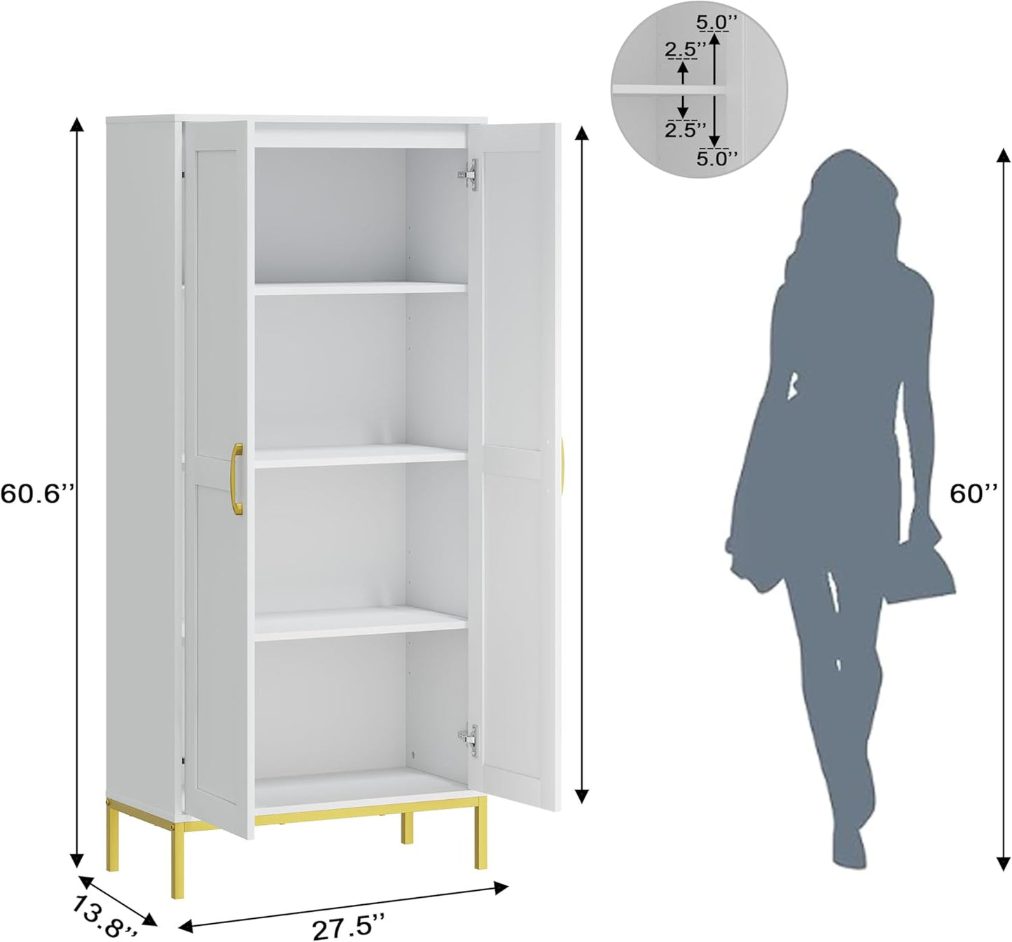 Tall Storage Cabinet, Kitchen Pantry Cabinet with 2 Doors & Adjustable Shelves for Laundry Room, Living Room, Entryway,Bathroom,White