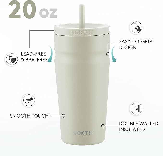 COKTIK 20oz Insulated Tumbler with Lid and Straw Iced Coffee Cup Reusable Stainless Steel Travel Mug Water Bottle Cupholder Friendly for Women Men Her Him (Almond Birch)