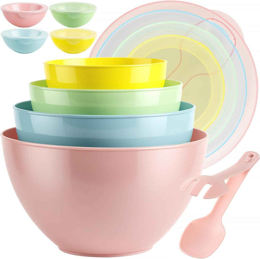 16 Piece Plastic Mixing Bowls with Lids Set - Nesting Bowls Set includes 8 Prep Bowls and 8 Lids, 2-in-1 Spoon-Fork, Large Salad Bowl for Preparing, Serving, and Storing, Dishwasher & Microwave Safe