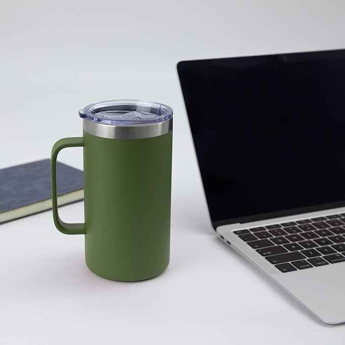 DOMICARE 24oz Mug with Handle and Lid, Stainless Steel Coffee Mug, Travel Mug with Handle, Double Wall Vacuum Coffee Tumbler, Reusable Insulated Cup, Army Green, Pack 4
