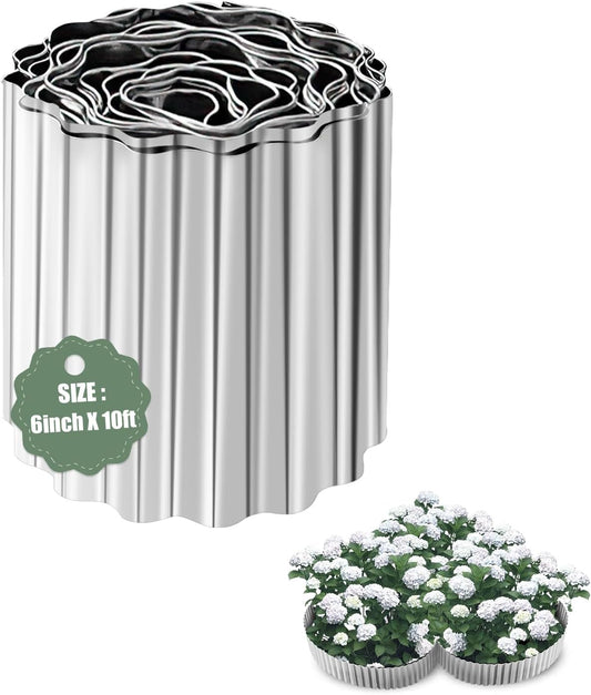 Corrugated Metal Garden Edging - 6 Inch X 10 FT Landscape Edging Border, Flexible Border for Garden Fence, Flower Bed, and Lawn (Silver)