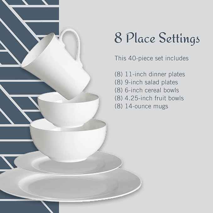 Mikasa Delray 40-Piece Bone China Dinnerware Set, White Round Dishes for 8 - Dinner Plates, Salad Plates, Cereal Bowls, Fruit Bowls and Mugs