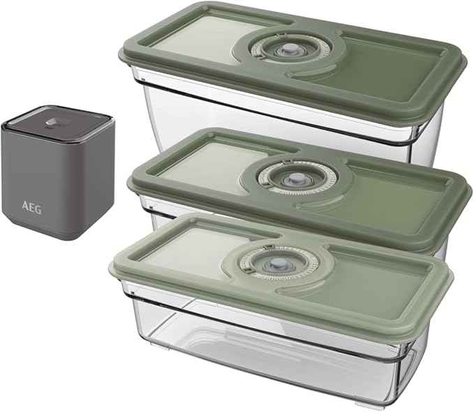 AEG AVFK1+ Fresh Kit+ Vacuum Sealer (Hand Vacuum Pump, 3 Airtight Vacuum Containers with Date Function, Fast Vacuum Food, Preservation of Nutrients, Design, Sustainable, Grey)