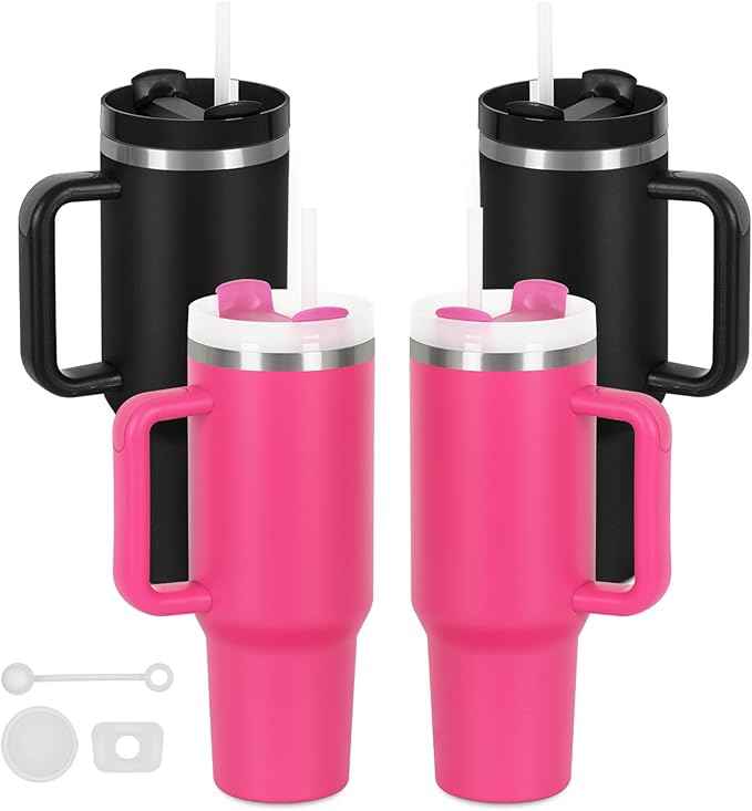 4 Pack 40 Oz Tumblers with Handle Bulk, Double Wall Vacuum Insulated Stainless Steel Tumblers with Lid and Straw, 40 oz Cup with Silicone Spill Proof Stopper Set (Black-2,Hot Pink-2)