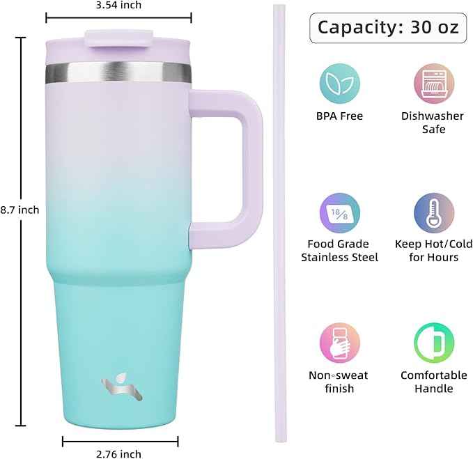 Konokyo 30 oz Tumbler with Handle and 2 Straws,2 in 1 Lid Insulated Water Bottle Stainless Steel Travel Coffee Mug,Lavender Green