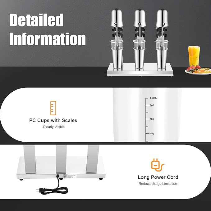 Electric Milkshake Maker, 3 Heads Commercial Milkshake Mixer with 8 Anti-Slip Feet & Powerful Motor Stainless Steel Milk Shake Machine for Beverage Store Cafe Ice Cream Parlor Teahouse Hotel Bar Etc