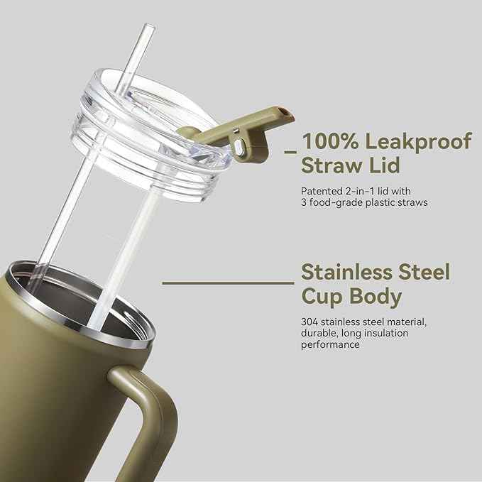 Gpeng 30/40/50 oz Tumbler with Handle, Water Bottles with Straw Lid, Insulated Stainless Steel Travel Mug Cup Holder Friendly, Keep Drinks Cold or Hot for Hours (ArmyGreen, 30 oz)