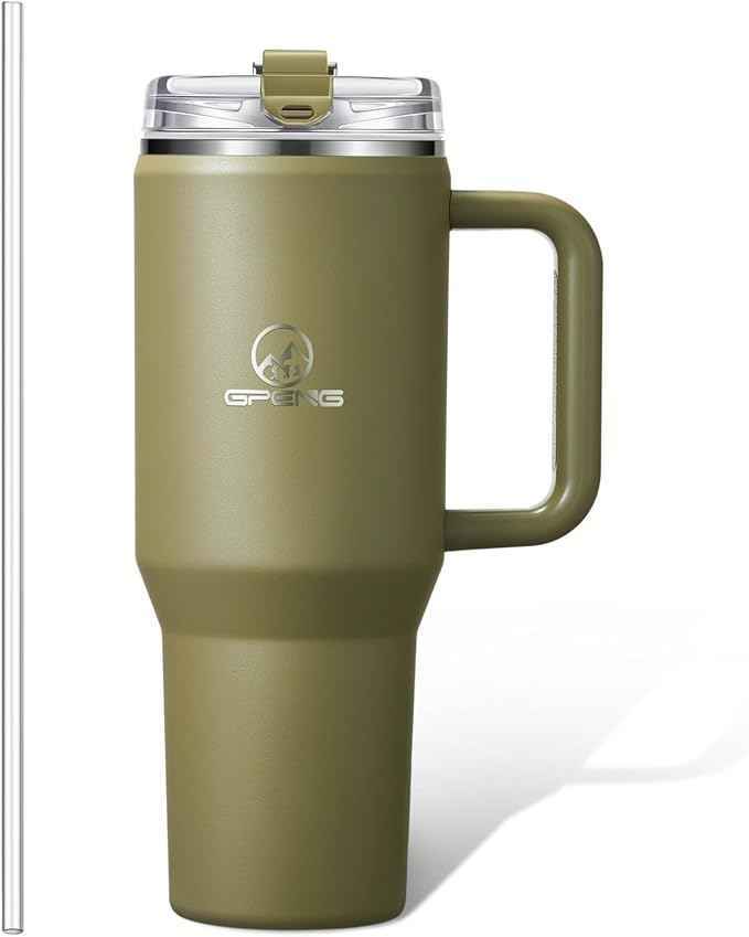 Gpeng 30/40/50 oz Tumbler with Handle, Water Bottles with Straw Lid, Insulated Stainless Steel Travel Mug Cup Holder Friendly, Keep Drinks Cold or Hot for Hours (ArmyGreen, 40 oz)