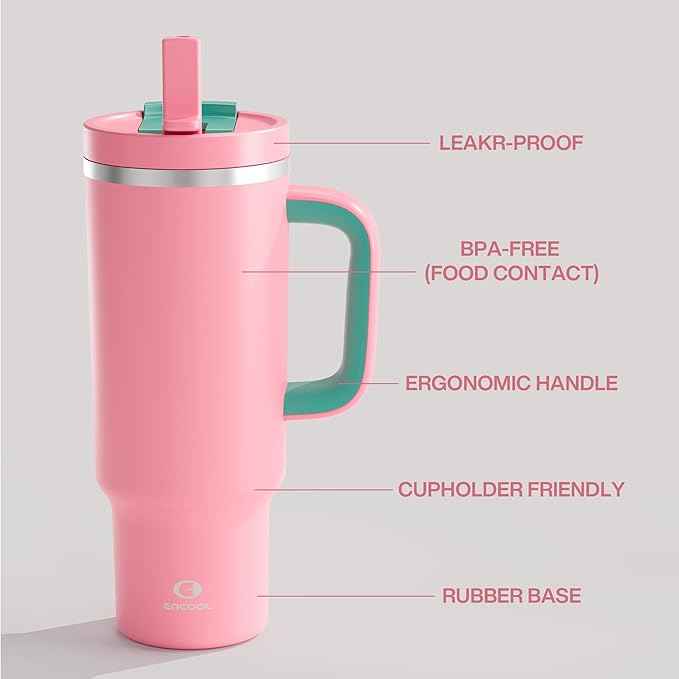 ENCOOL 40 oz Tumbler with Handle and Straw: Stainless Steel Insulated Tumbler Keeps Cold for 24 Hours, Leakproof Travel Cup Fits in Cup Holder and BPA-Free,Tulip