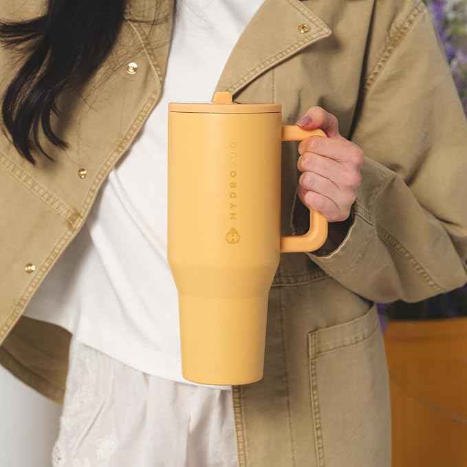 HydroJug Traveler - 32 oz Water Bottle with Handle & Flip Straw - Fits in Cup Holder, Leak Resistant Tumbler-Reusable Insulated Stainless Steel & Rubber Base - Gifts for Women & Men, Marigold