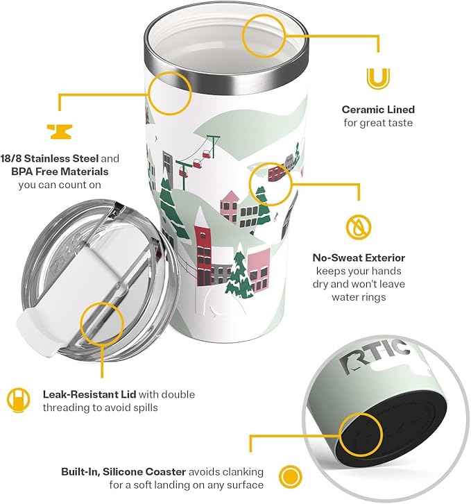 RTIC 20oz Essential Tumbler with Lid, Ceramic Lined, Insulated, Stainless Steel, Metal, Double Wall Vacuum-Insulation, Travel Cup for Iced Coffee, Tea, Hot and Cold Drink, Apres Ski
