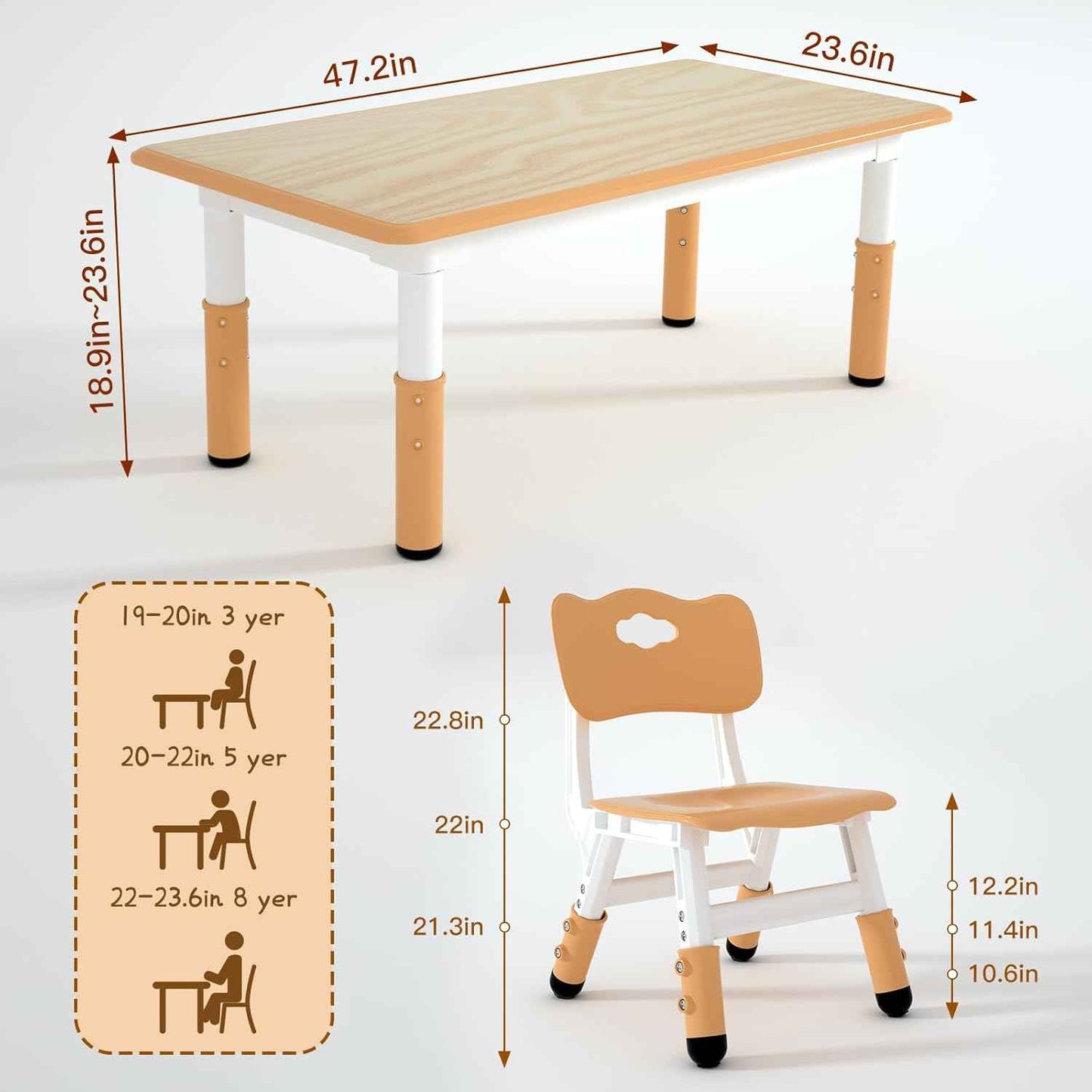 LulliSpace Kids Table and 4 Chairs Set，Height Adjustable Children Table & Chair，Toddlers Study Multi-Activity Table with 47.2"x23.6" Wipe-Clean Desktop，for Classrooms, Homes & Daycares