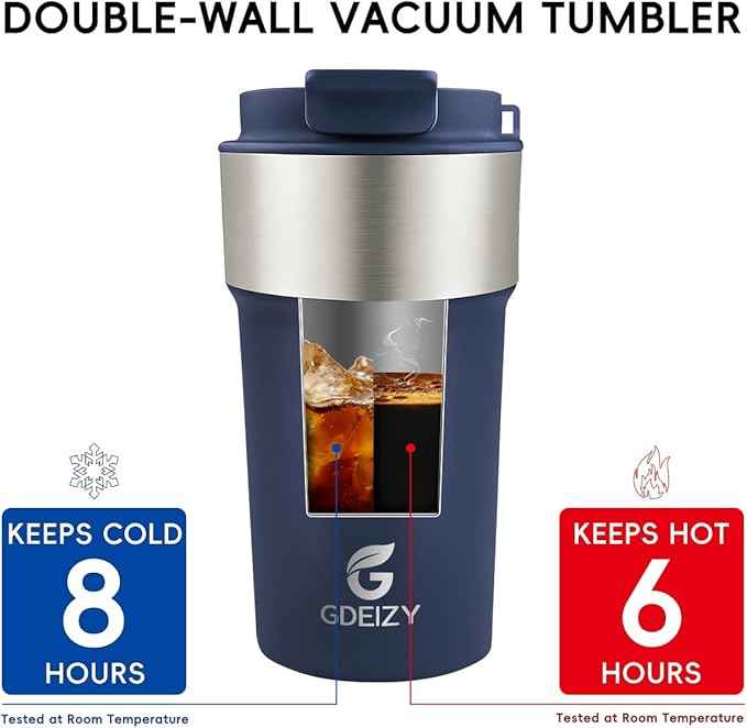 Insulated Coffee Mug, 17oz Stainless Steel Travel Mug with Flip-Top Straw Lid, Leak Proof Vacuum Insulated Tumbler, Reusable Coffee Cup for Hot & Cold Drinks, Dark Blue