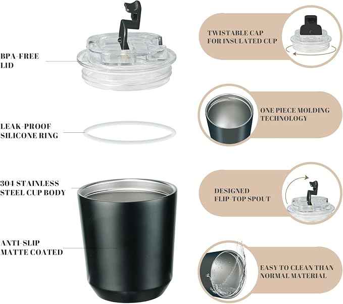 Puraville 2 Pack Insulated Tumblers with Lid, 10 oz Travel Coffee Mug Stainless Steel Vacuum Cup, Leak Proof Double Walled Coffee Tumbler for Iced and Hot Drinks, Black and Cream