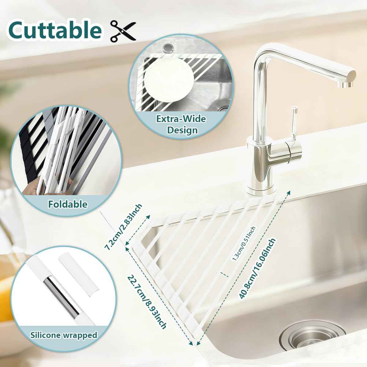 Credon Triangle Roll Up Dish Drying Rack, Foldable Anti-Slip Kitchen Sink Drainer Organizer, Silicone Coated Stainless Steel Frame, Multipurpose Over Sink Corner Caddy for Space Saving (White)