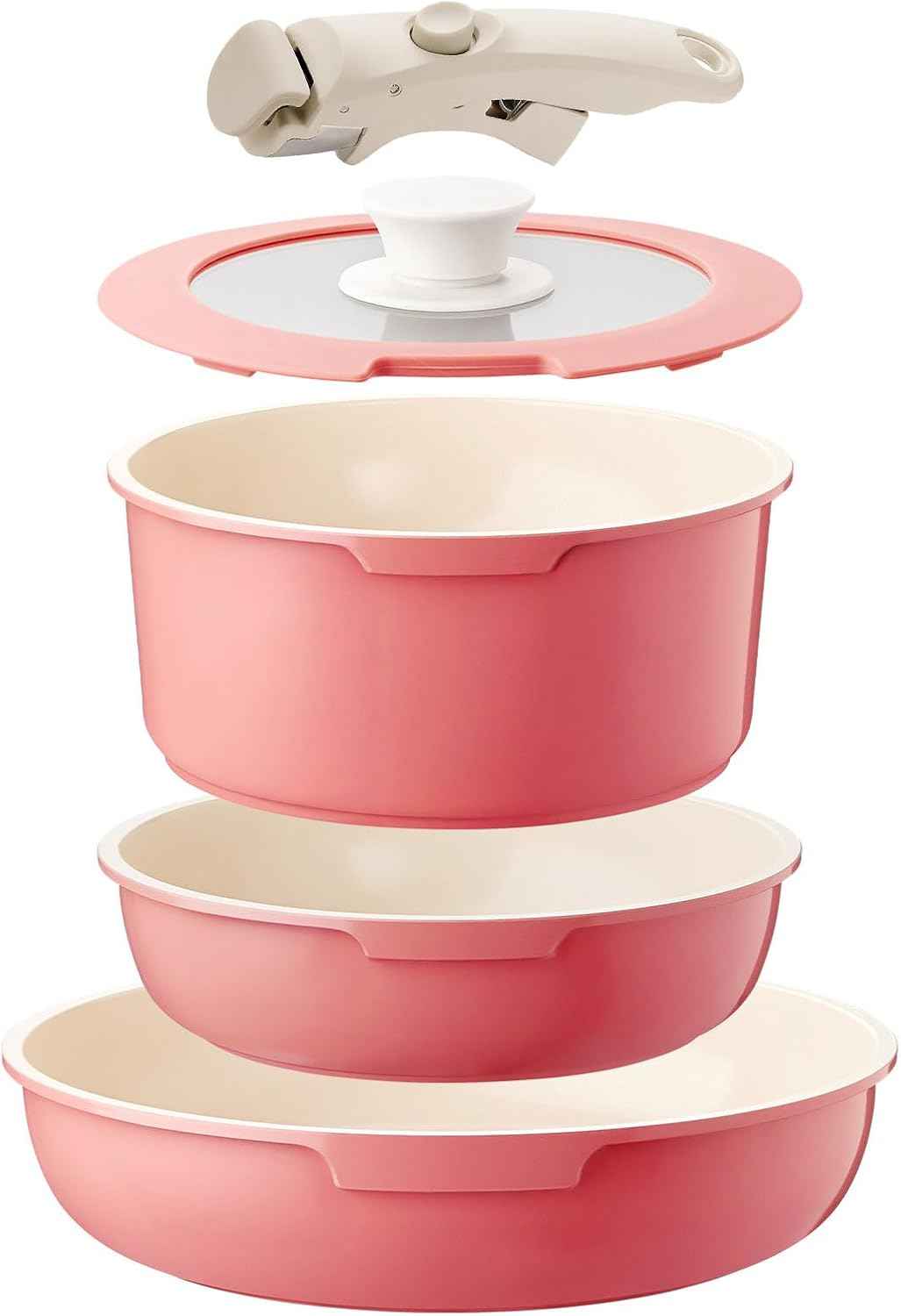 IKTU Ceramic Pots and Pans Set Non Stick Pink, 5Pcs Nonstick Cookware Set with Detachable Handle RV Camping Induction Kitchen Cookware Set Non Stick, PFAS PFOA & PTFE Free