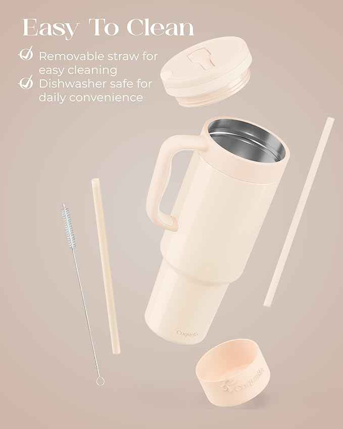 40 oz Insulated Tumbler with Handle and Push-Button Straw Lid, Stainless Steel Travel Cup for Gym Office, Leakproof, BPA-Free, Cup Holder Friendly, Bow Silicone Boot, Cream (Cloudy Cream)