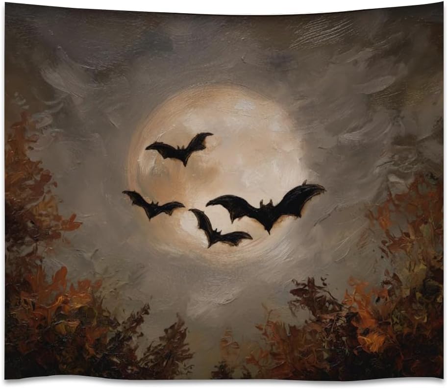 Spooky Halloween Bats Dark Academia Full Moon Autumn Leaves Wall Hanging Vintage Haunted Home Artwork Gothic Witchy Ghost Tapestries for bedroom Living Room Decor 50x60inch