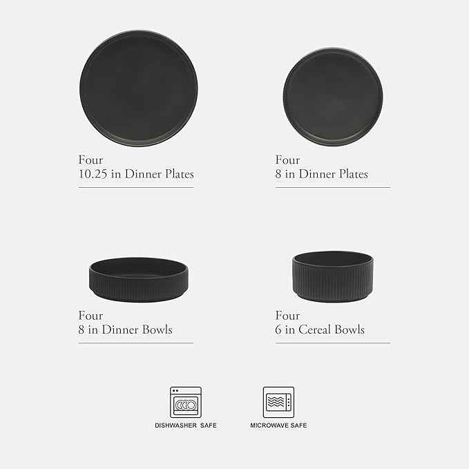 Gibson Elite Deerfield 16-Piece Stoneware Dinnerware Set – Matte Black Reactive Glaze Plates and Bowls, Stackable, Modern Design, Service for 4 – Microwave & Dishwasher Safe
