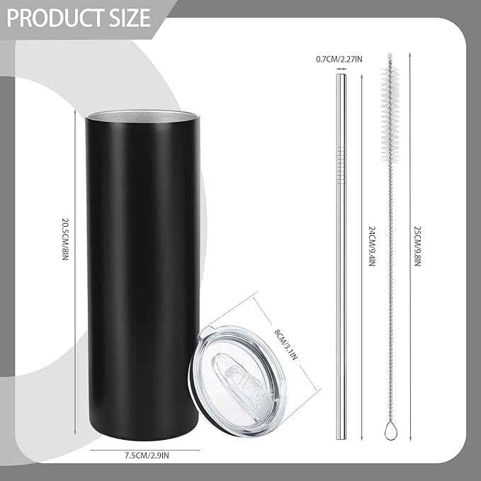 YOUKE OLA 12 Pack Stainless Steel Skinny Tumblers Bulk Straight Double Wall Insulated Tumbler with Lid and Straw for, DIY, Black, 20oz