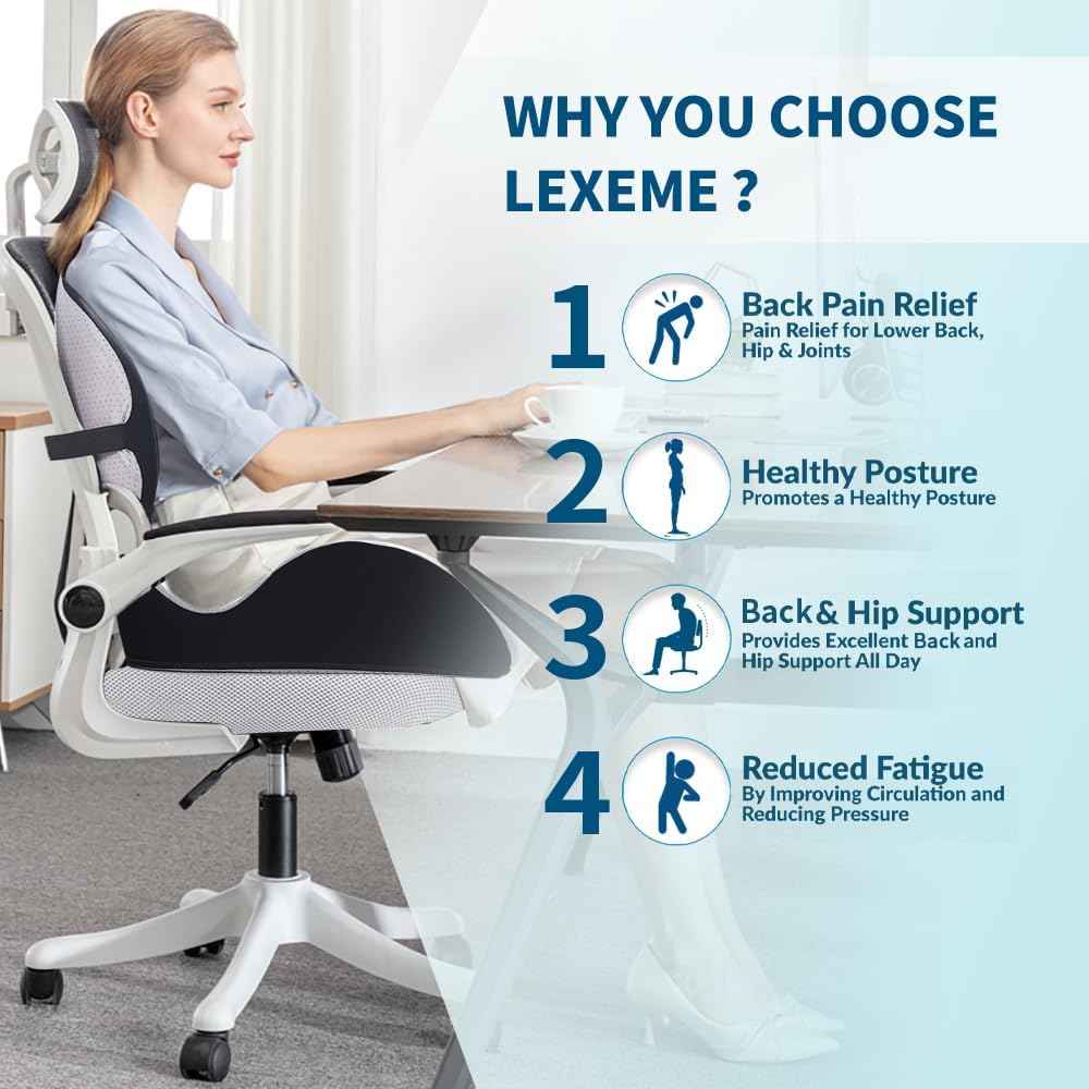 X Large Memory Foam Seat Cushion Lumbar Support Pillow for Sciatica & Tailbone Pressure Relief Coccyx Pad for Office Chair, Car,Wheelchair,Home,Office