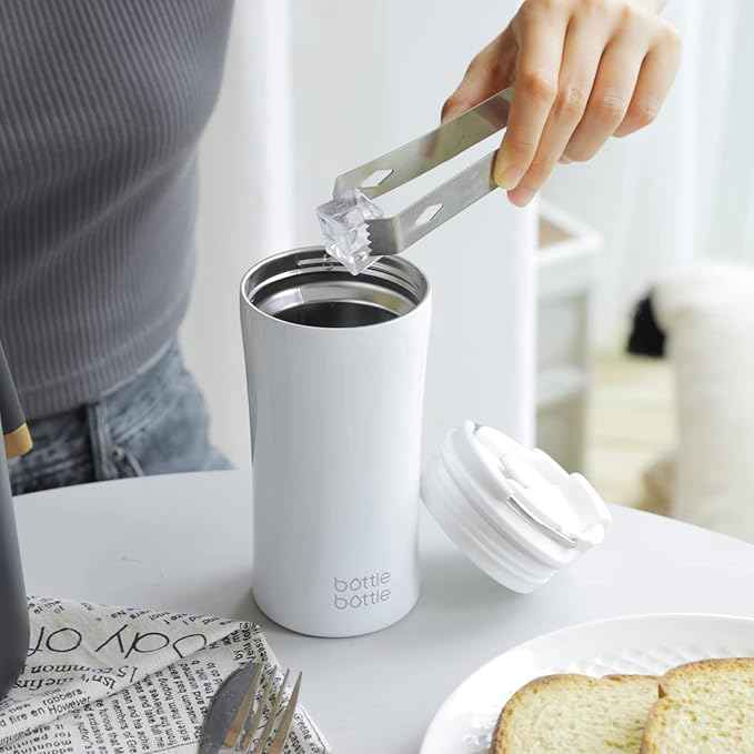 BOTTLE BOTTLE Coffee Tumbler with Dual-use Lid and Straw Double Walled Iced Travel Coffee Mug for Woman and Man 12 oz Stainless Steel Insulated Tumbler with Handle (white)