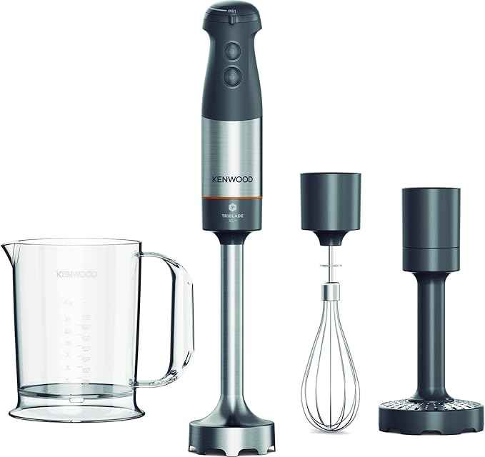 Kenwood Triblade XL+ Hand Blender Removable Steel Bar Equipped with Whisk, Chopper and Measuring Cup with 0.75 L Handle, Power 1000 Watt, Grey