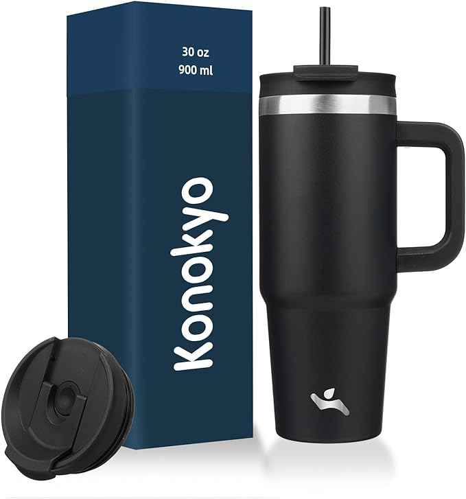 Konokyo 30 oz Tumbler with Handle and 2 Straws,2 in 1 Lid Insulated Water Bottle Stainless Steel Travel Coffee Mug,Black