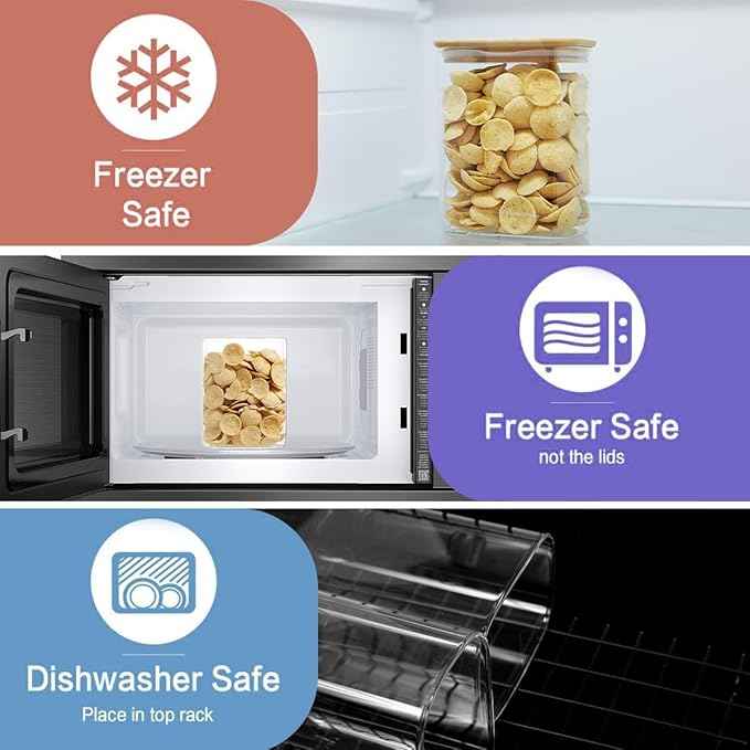 4 Pack Square Glass Pantry Storage Containers with 132 Kitchen Food Pantry Labels - 34 floz Clear Glass Pantry Jars with Airtight Wood Bamboo Lids - Glass Canisters for Tea, Cereal, Coffee, Spice