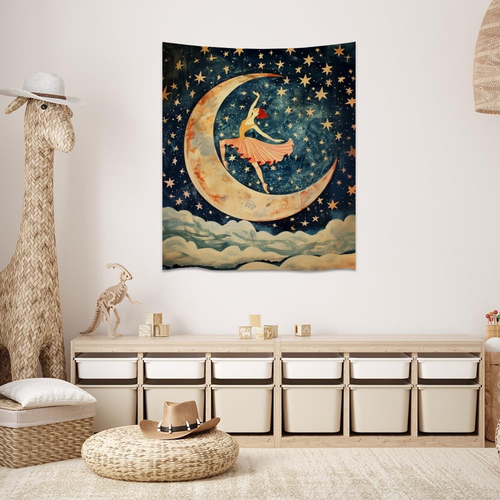 Dancer on the Moon Tapestry Starry Night Sky Art Print Dark Academia Gothic Aesthetic Wall Hanging Stars Moon Clouds Tapestries Whimsical Wall Decor for Nursery Bedroom 30x40inch
