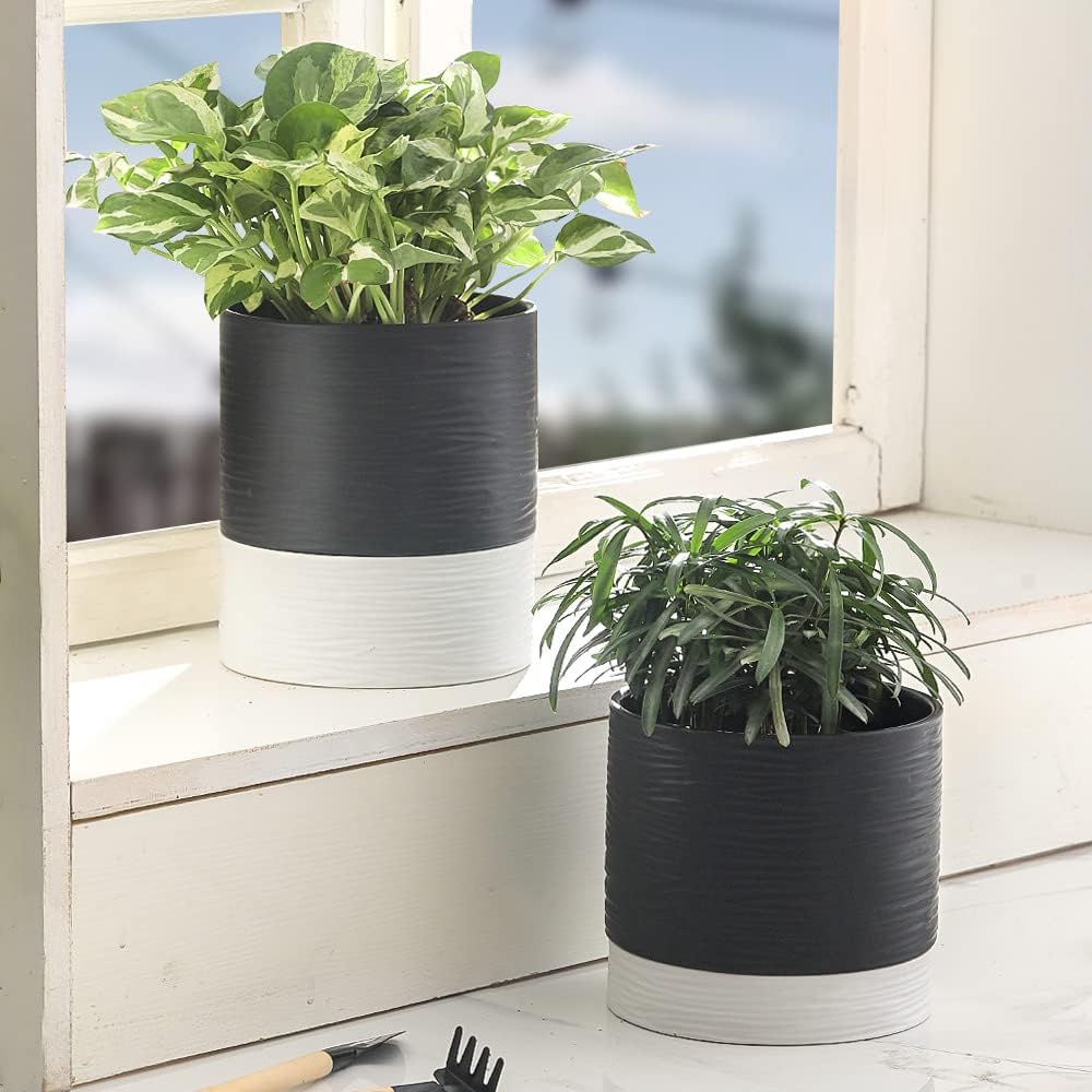 Nihow Ceramic Plant Pot: 6 Inch Planter with Drainage Hole & Saucer for Indoor & Outdoor Plants - Cylinder Round Flower Pot for Succulent/Herbs/Violets - Black & White
