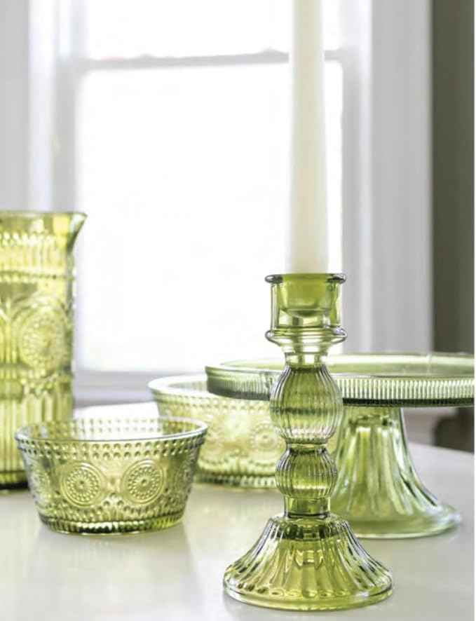 Boston International Vintage-Inspired Glass Serving Bowl with Embossed Floral Pattern for Salad Snacks Dinner, Small 4.75" x 2.25", Olive Green Codi